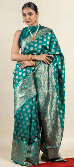 Green color Saree in Blended fabric with Weaving, Zari work