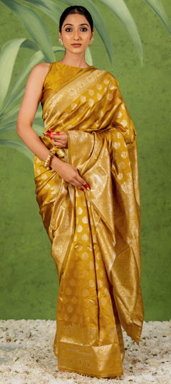 Yellow color Saree in Blended fabric with Weaving, Zari work