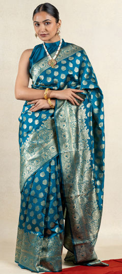 Blue color Saree in Blended fabric with Weaving, Zari work