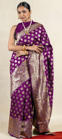 Purple and Violet color Saree in Blended fabric with Weaving, Zari work