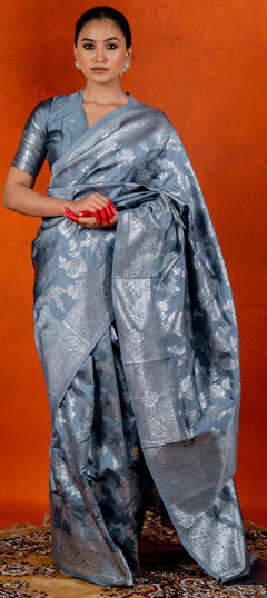 Black and Grey color Saree in Blended, Silk fabric with Weaving, Zari work