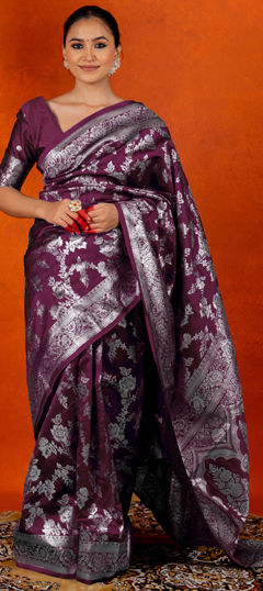 Pink and Majenta color Saree in Blended, Silk fabric with Weaving, Zari work