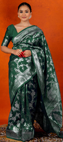 Green color Saree in Blended, Silk fabric with Weaving, Zari work