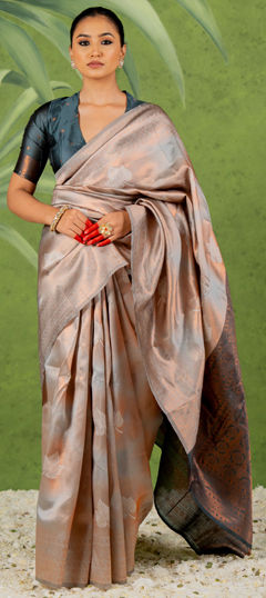 Black and Grey color Saree in Blended, Silk fabric with Weaving, Zari work