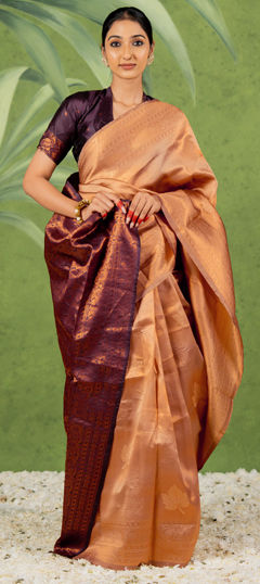 Orange color Saree in Blended, Silk fabric with Weaving, Zari work