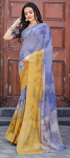 Blue, Yellow color Saree in Georgette fabric with Printed work