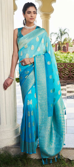 Blue color Saree in Georgette fabric with Weaving, Zari work