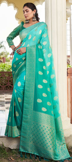 Green color Saree in Georgette fabric with Weaving, Zari work