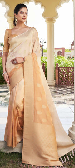 Beige and Brown color Saree in Georgette fabric with Weaving, Zari work