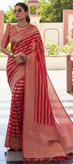 Red and Maroon color Saree in Georgette fabric with Weaving, Zari work