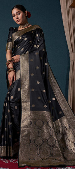 Black and Grey color Saree in Satin Silk fabric with Weaving, Zari work