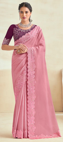 Pink and Majenta color Saree in Silk fabric with Bugle Beads, Embroidered, Sequence, Thread work