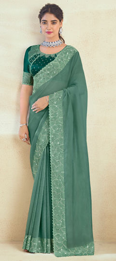 Green color Saree in Silk fabric with Bugle Beads, Embroidered, Sequence, Thread work