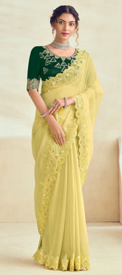 Yellow color Saree in Silk fabric with Bugle Beads, Embroidered, Sequence, Thread work