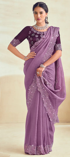 Purple and Violet color Saree in Silk fabric with Bugle Beads, Embroidered, Sequence, Thread work