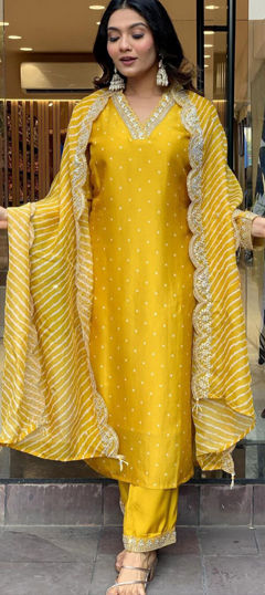 Yellow color Salwar Kameez in Art Silk fabric with Embroidered, Printed, Sequence work