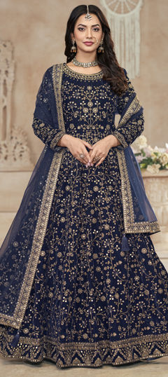 Blue color Gown in Velvet fabric with Embroidered, Thread, Zari work