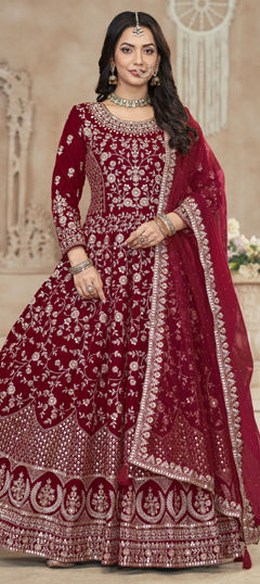 Red and Maroon color Gown in Velvet fabric with Embroidered, Thread, Zari work