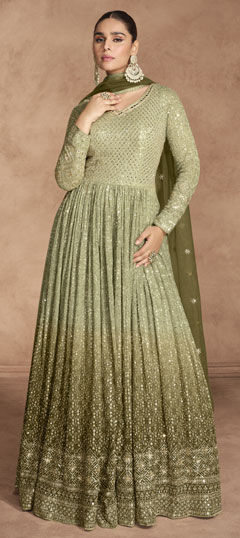 Green color Gown in Georgette fabric with Embroidered, Sequence, Thread work