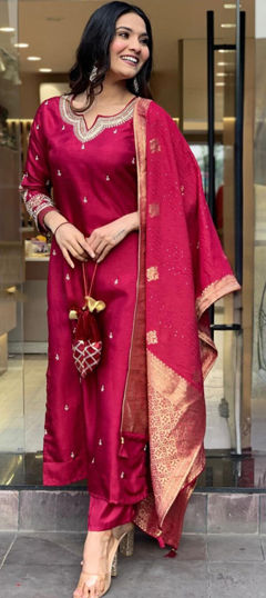 Red and Maroon color Salwar Kameez in Viscose fabric with Embroidered work