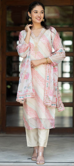 White and Off White color Salwar Kameez in Organza Silk fabric with Printed, Sequence, Zari work