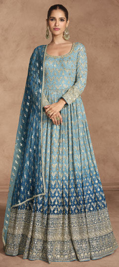 Blue color Gown in Georgette fabric with Embroidered, Sequence, Thread work