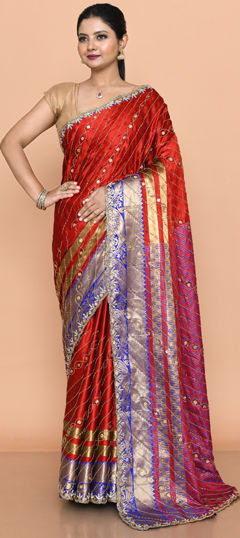 Red and Maroon color Saree in Kanjeevaram Silk fabric with Cut Dana, Stone, Weaving work