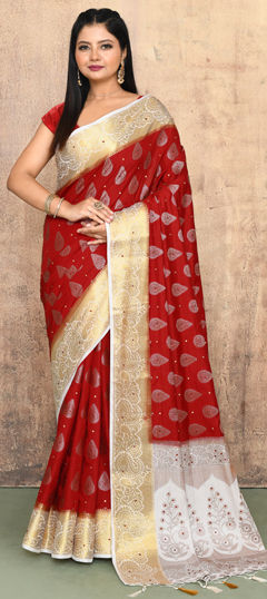 Red and Maroon color Saree in Georgette fabric with Stone, Weaving work