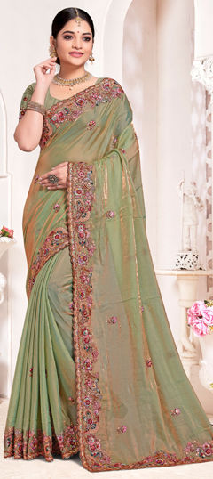 Green color Saree in Silk fabric with Bugle Beads, Embroidered, Resham, Thread, Zircon work