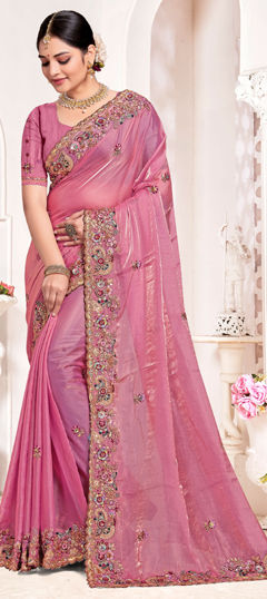 Pink and Majenta color Saree in Silk fabric with Bugle Beads, Embroidered, Resham, Thread, Zircon work