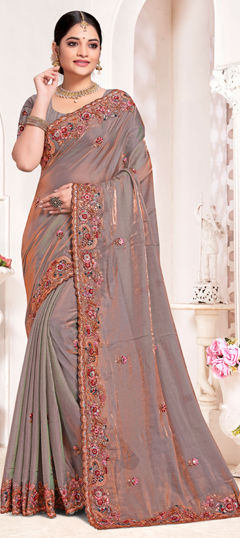 Black and Grey color Saree in Silk fabric with Bugle Beads, Embroidered, Resham, Thread, Zircon work