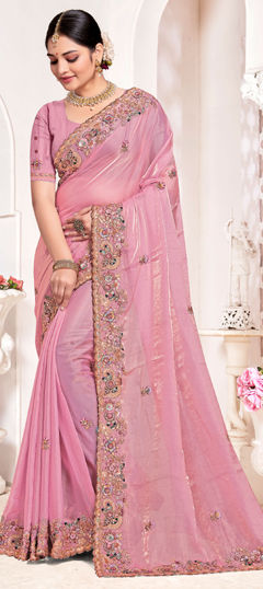 Pink and Majenta color Saree in Silk fabric with Bugle Beads, Embroidered, Resham, Thread, Zircon work