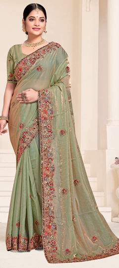 Green color Saree in Silk fabric with Bugle Beads, Embroidered, Resham, Thread, Zircon work