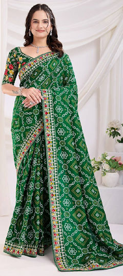 Green color Saree in Art Silk fabric with Bandhej, Embroidered, Printed, Thread work