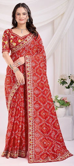 Red and Maroon color Saree in Art Silk fabric with Bandhej, Embroidered, Printed, Thread work