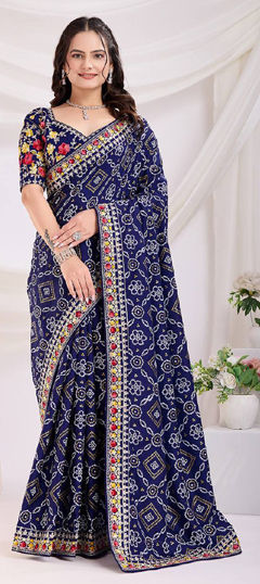 Blue color Saree in Art Silk fabric with Bandhej, Embroidered, Printed, Thread work