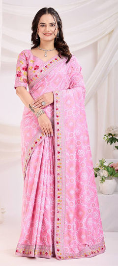 Pink and Majenta color Saree in Art Silk fabric with Bandhej, Embroidered, Printed, Thread work