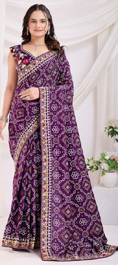 Purple and Violet color Saree in Art Silk fabric with Bandhej, Embroidered, Printed, Thread work