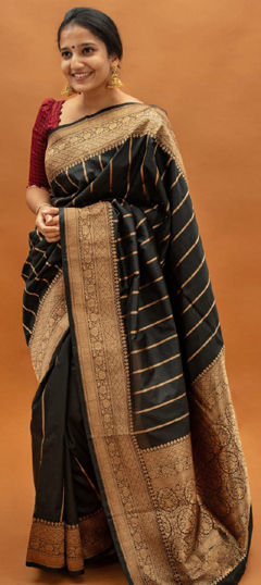 Black and Grey color Saree in Banarasi Silk fabric with Weaving, Zari work