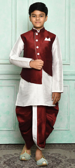 White and Off White color Boys Dhoti Kurta in Art Dupion Silk fabric with Thread work