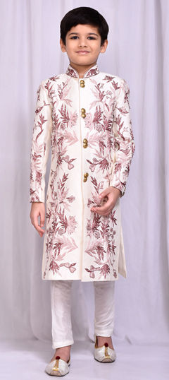 White and Off White color Boys Indo-Western in Art Silk, Dupion Silk fabric with Embroidered, Resham, Thread work
