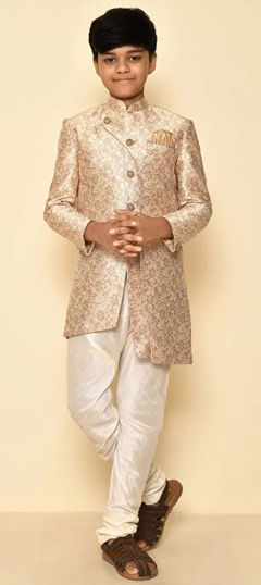 White and Off White color Boys Indo-Western in Jacquard fabric with Weaving, Zari work