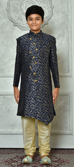 Blue color Boys Indo-Western in Jacquard fabric with Weaving, Zari work