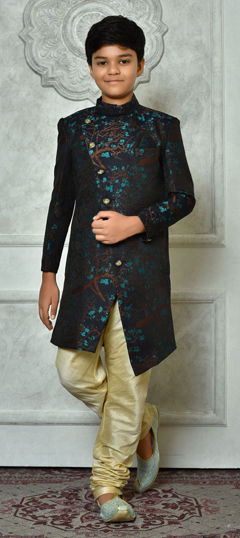 Blue, Green color Boys Indo-Western in Jacquard fabric with Weaving, Zari work