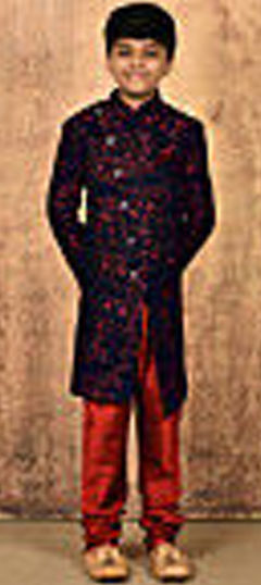 Blue, Red and Maroon color Boys Indo-Western in Jacquard fabric with Weaving, Zari work