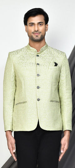 Green color Blazer in Jacquard fabric with Weaving work