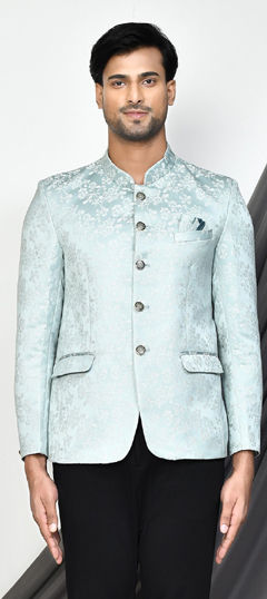 Blue color Blazer in Jacquard fabric with Weaving work