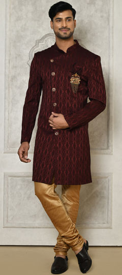 Red and Maroon color IndoWestern Dress in Jacquard fabric with Broches, Weaving work