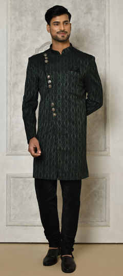 Green color IndoWestern Dress in Jacquard fabric with Weaving work