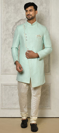 Green color IndoWestern Dress in Jacquard fabric with Broches, Weaving work